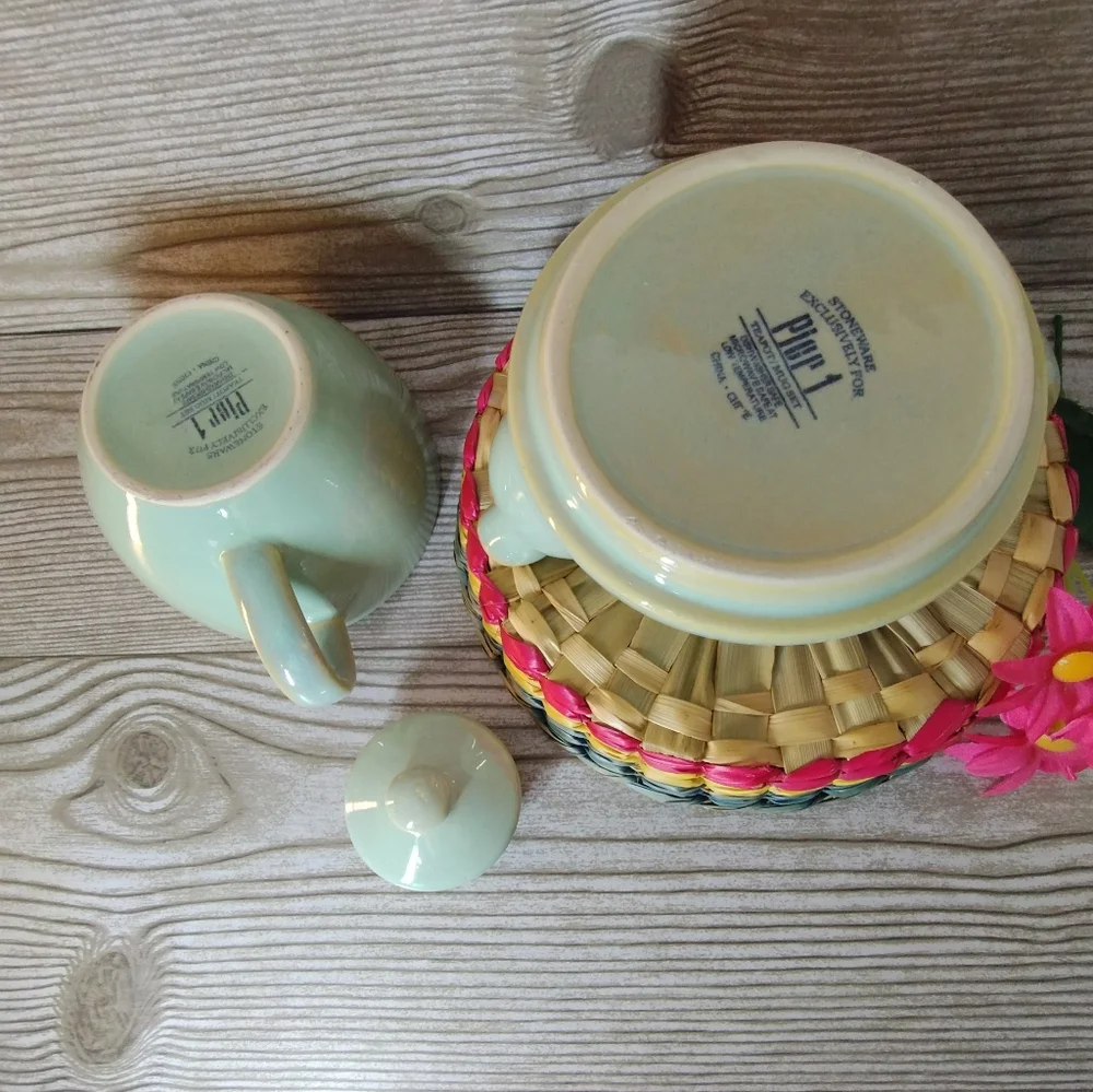 Pier One stoneware personal stackable tea pot, green color.